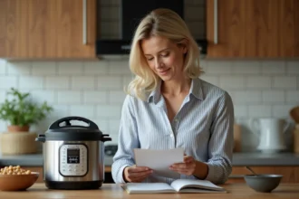 Femme consulte un livre de recettes dans une cuisine chaleureuse