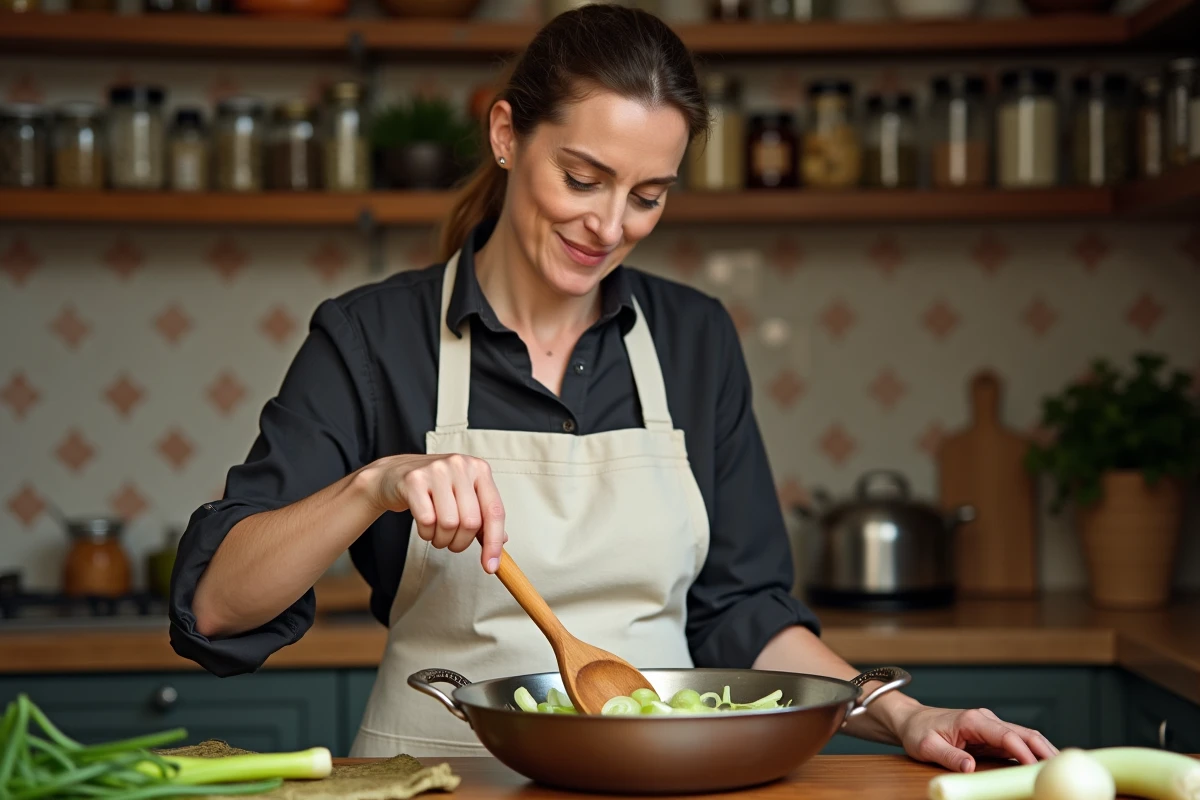 Femme cuisinant une fondue de poireaux dans une poêle en acier inoxydable avec une cuillère en bois dans une cuisine rustique