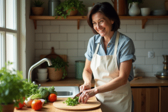 Femme souriante coupe des légumes dans une cuisine lumineuse