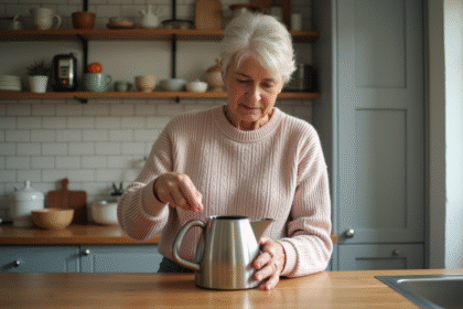 Femme dans la cuisine examine une bouilloire en inox