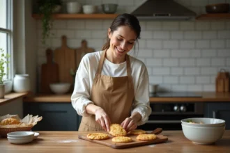 Femme souriante préparant des escalopes de poulet dans la cuisine