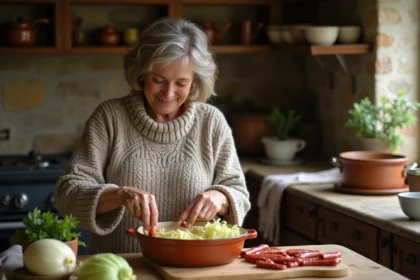 Femme souriante préparant une potée dans une cuisine rustique