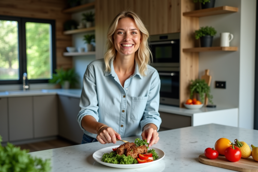 Femme en cuisine préparant un plat végétal coloré