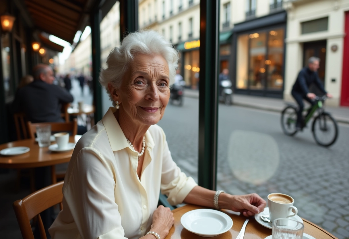 Femme âgée élégante dans un bistrot à Argenteuil