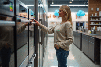 Femme regardant un four moderne dans un magasin d'électroménagers