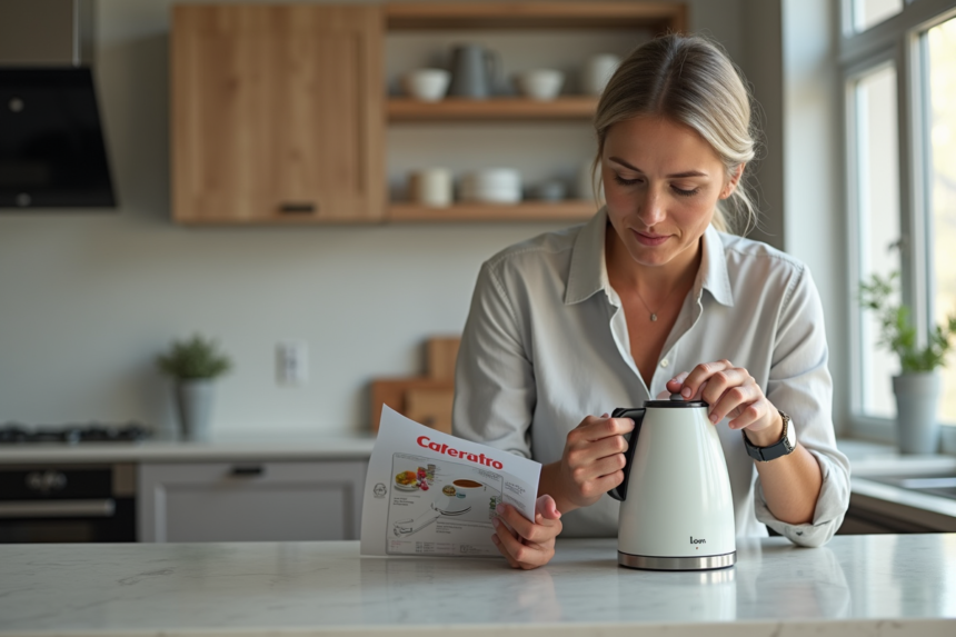 Femme examinant un bouilloire électrique moderne dans une cuisine lumineuse