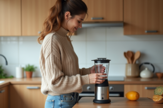 Femme dans la cuisine examine un blender chauffant