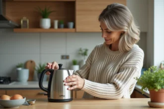 Femme examinant une bouilloire électrique en cuisine