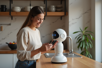 Femme souriante utilisant un robot de cuisine moderne