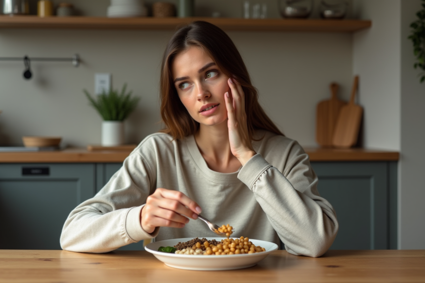 Femme en loungewear dégustant des légumes secs