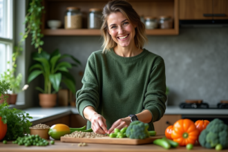 Femme souriante arrangeant des légumes riches en protéines