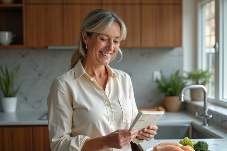 Femme lisant une étiquette nutritionnelle sur un emballage de poulet