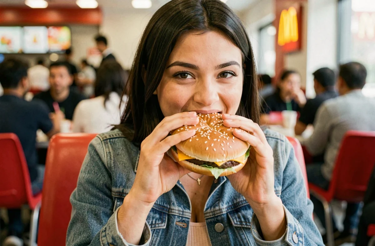 Jeune femme tenant un Big Mac dans ses mains dans un restaurant McDonald's, expression naturelle et décontractée