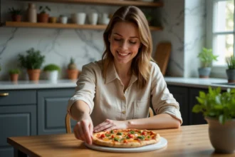 Femme souriante choisissant une pizza garnie dans une cuisine chaleureuse