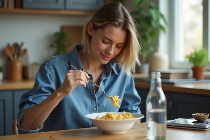 Jeune femme dégustant des pâtes dans sa cuisine moderne