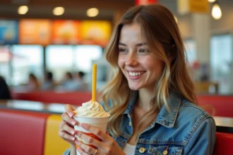 Jeune femme tenant un McFlurry McDonald's dans un restaurant fast-food, souriant en regardant le dessert glacé