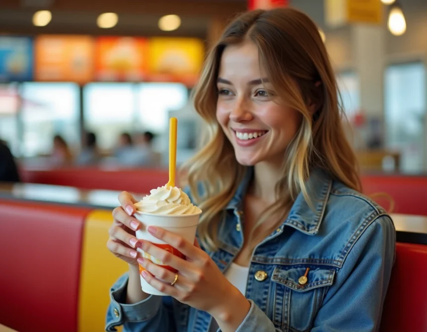 Jeune femme tenant un McFlurry McDonald's dans un restaurant fast-food, souriant en regardant le dessert glacé