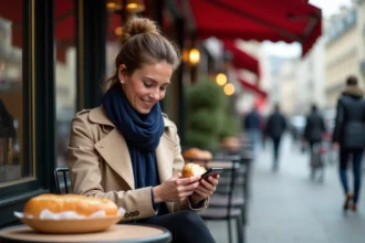 Jeune femme parisienne dégustant un sandwich en terrasse