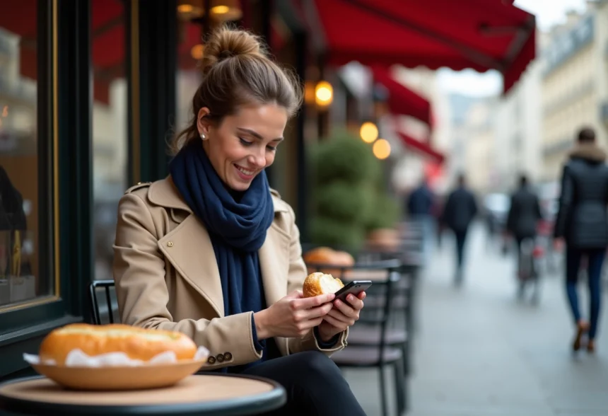 Jeune femme parisienne dégustant un sandwich en terrasse