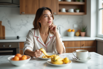 Femme en pyjama contemplant un petit déjeuner dans la cuisine