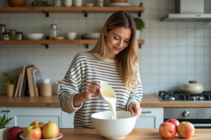 Femme en pull rayé préparant la pâte à gâteau dans la cuisine