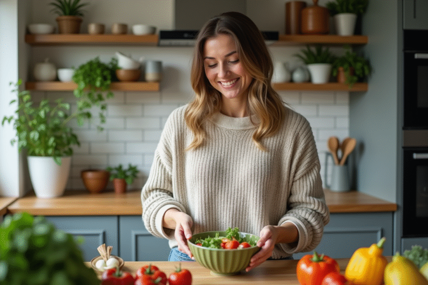 Femme souriante préparant une salade colorée dans la cuisine