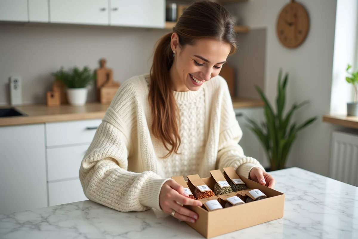 Femme préparant une boîte cadeau gourmande d'épices exotiques dans une cuisine moderne au style scandinave