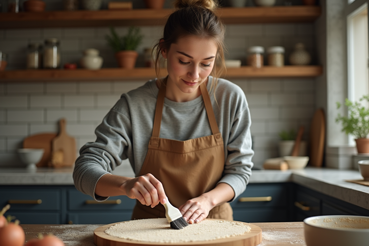 Femme en cuisine saupoudrant semoule sur la pelle à pizza
