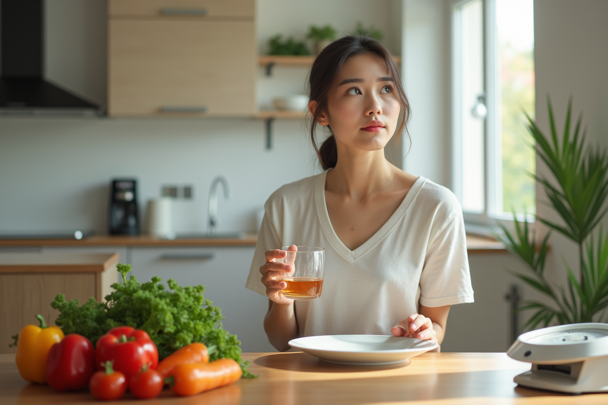 Jeune femme pensant dans un salon moderne avec une assiette vide et une eau gazeuse