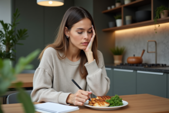 Jeune femme pensant à son repas végétarien dans la cuisine