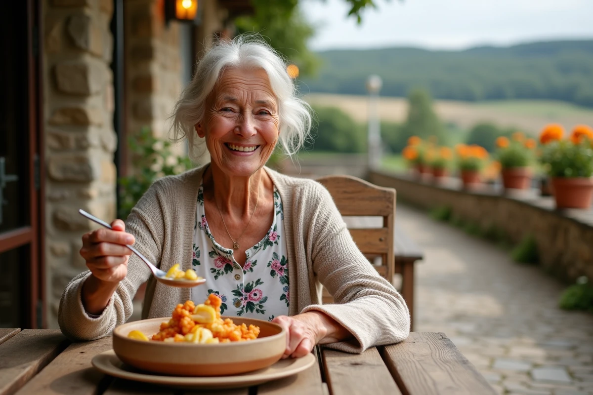 Femme âgée dégustant couille de mouton en extérieur rural charmant