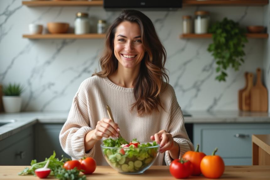 Femme souriante préparant une salade colorée dans la cuisine