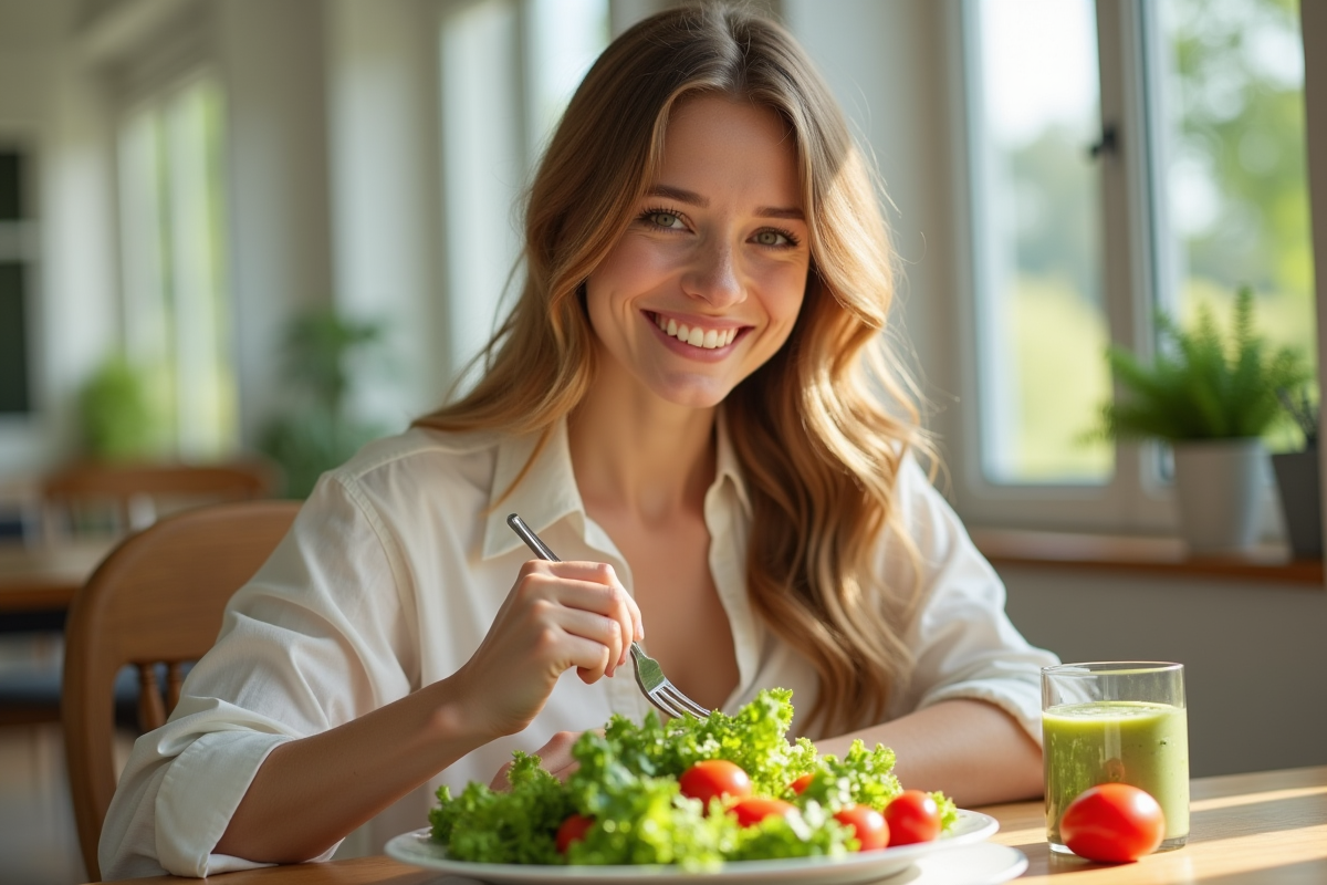 Femme souriante dégustant une salade verte dans une salle lumineuse