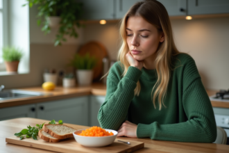 Jeune femme lisant étiquettes de caviar vegan dans la cuisine