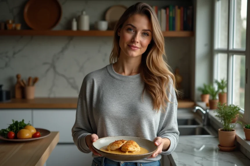 Femme servant un plat de poulet en sauce dans une cuisine chaleureuse