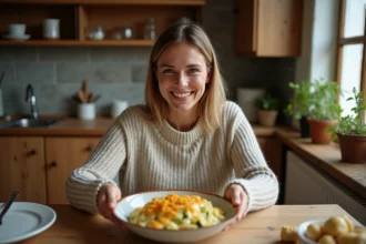 Femme souriante servant un gratin de zucchini à table