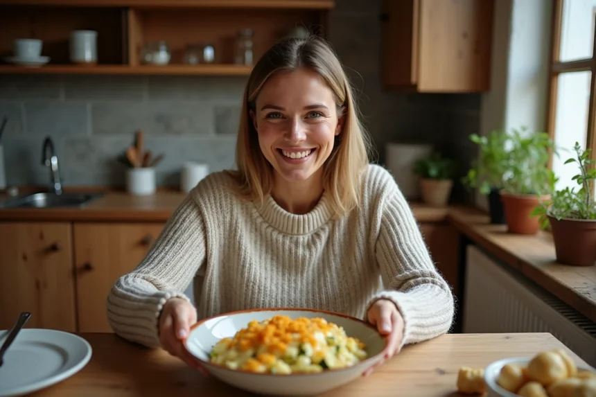 Femme souriante servant un gratin de zucchini à table