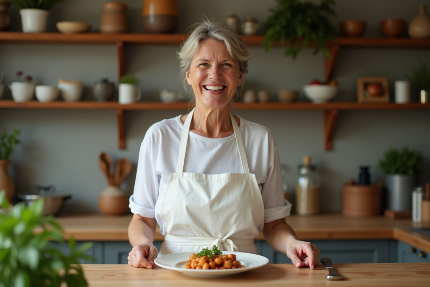 Femme souriante servant un plat français traditionnel à la maison