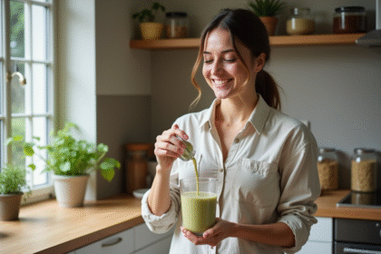 Femme souriante verse un smoothie maison dans un verre dans une cuisine chaleureuse