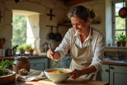 Femme ajoutant pistou dans une soupe dans une cuisine provençale