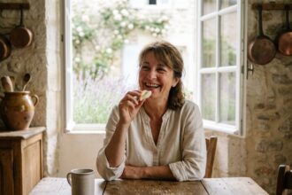 Femme souriante tenant un biscuit de Provence dans une cuisine rustique