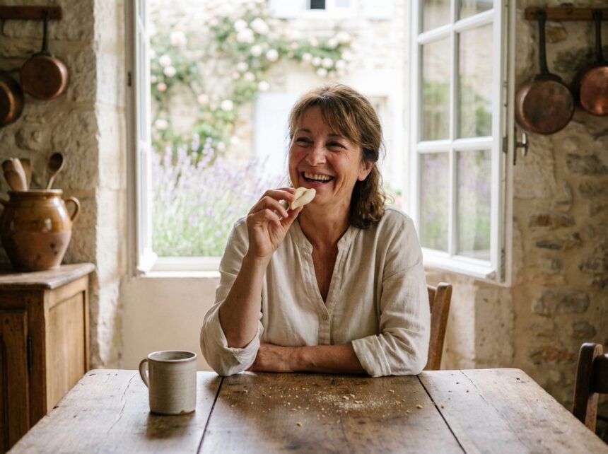 Femme souriante tenant un biscuit de Provence dans une cuisine rustique