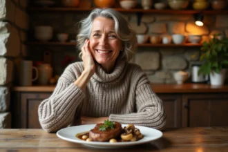 Femme souriante dégustant un filet mignon à la moutarde