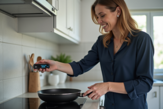 Femme ajustant un thermometre induction dans une cuisine moderne