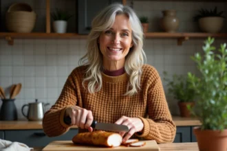 Femme souriante tranchant un filet de porc rôti dans la cuisine