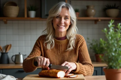 Femme souriante tranchant un filet de porc rôti dans la cuisine