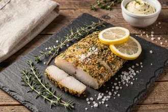 Filet de julienne en croûte d'herbes dorée servi sur une ardoise avec du thym frais et des tranches de citron