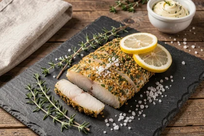 Filet de julienne en croûte d'herbes dorée servi sur une ardoise avec du thym frais et des tranches de citron