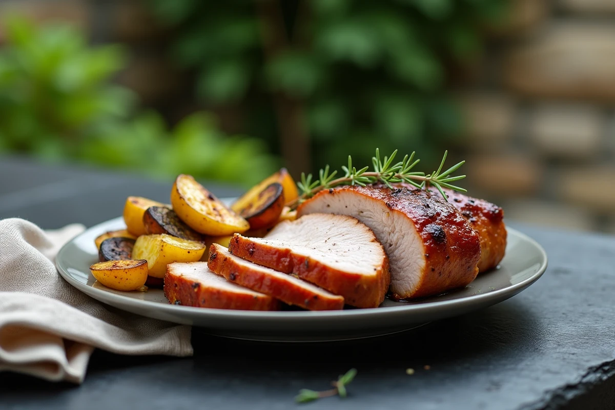 Assiette de filet mignon glacé avec légumes et thym dans un jardin