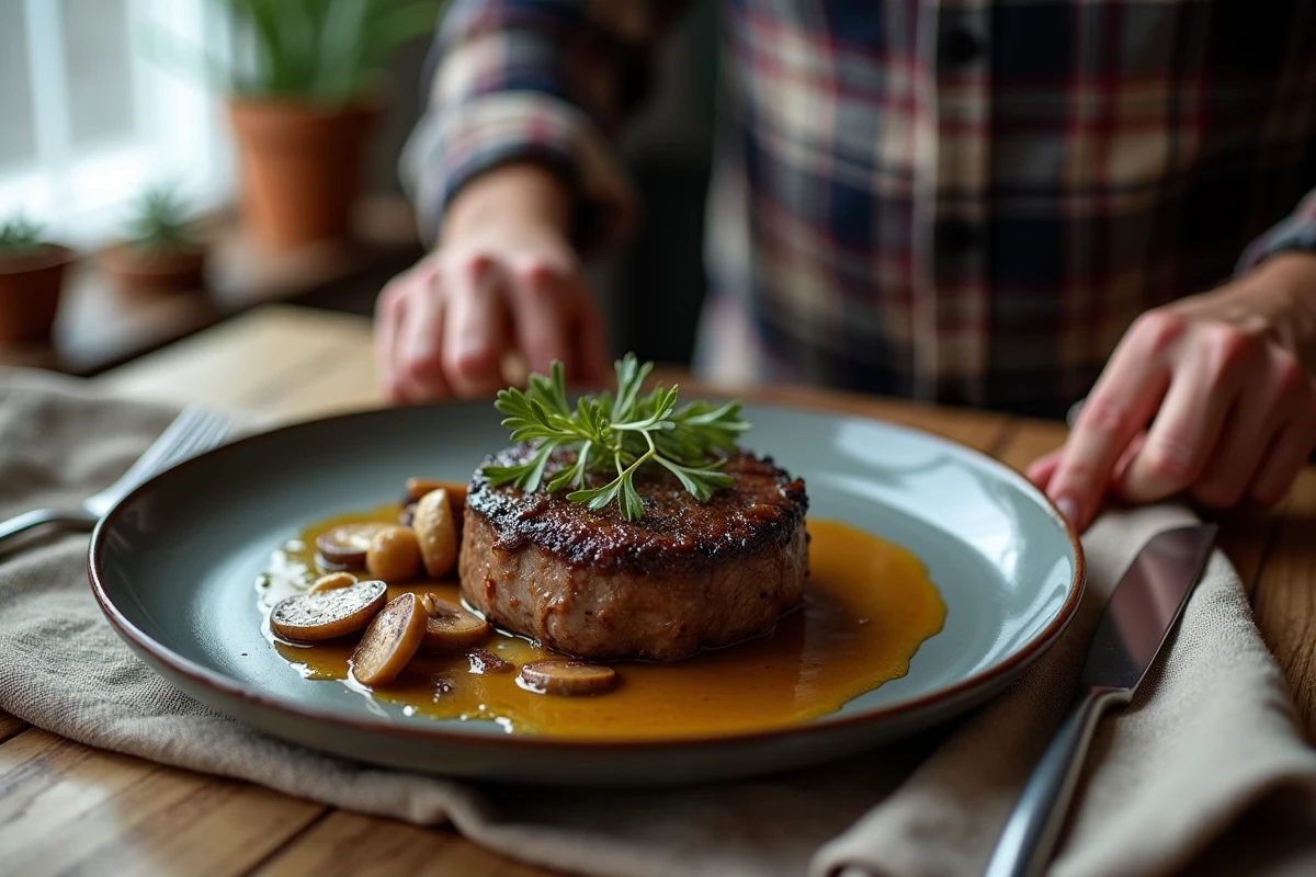 Gros plan sur filet mignon à la moutarde et champignons